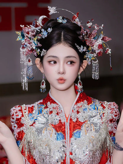 Moonlight - Silver Butterfly and Red Flower Bridal Hairpin Traditional Chinese Wedding Hair Accessories