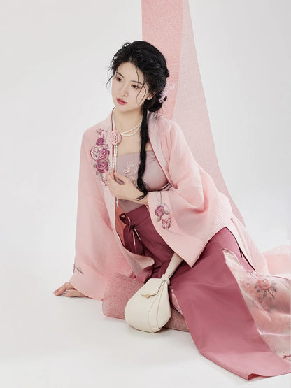 Song Dynasty Modern Hanfu Set with Changgan Temple Beizi and Three Pleat Skirt - Rose Letter 玫瑰来信 (Preorder)