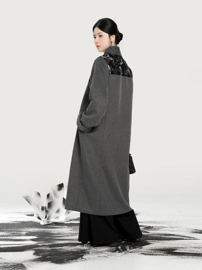 New Chinese Style Wool Coat Magpie & Plum Blossom Silver Woven Overcoat - Hanzhi 寒至 (Preorder)