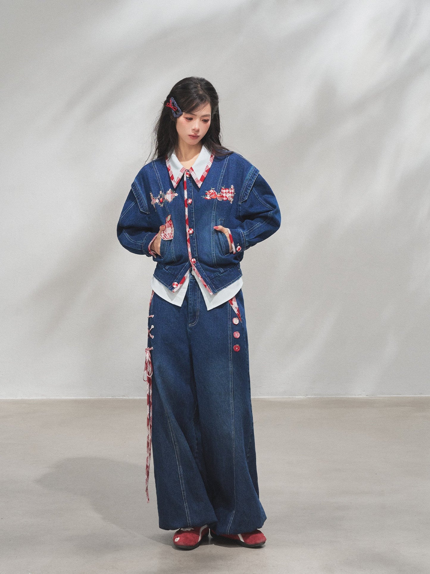Modern Hanfu Denim Jacket, Trousers & Chinese Style Denim Skirt 苹果园