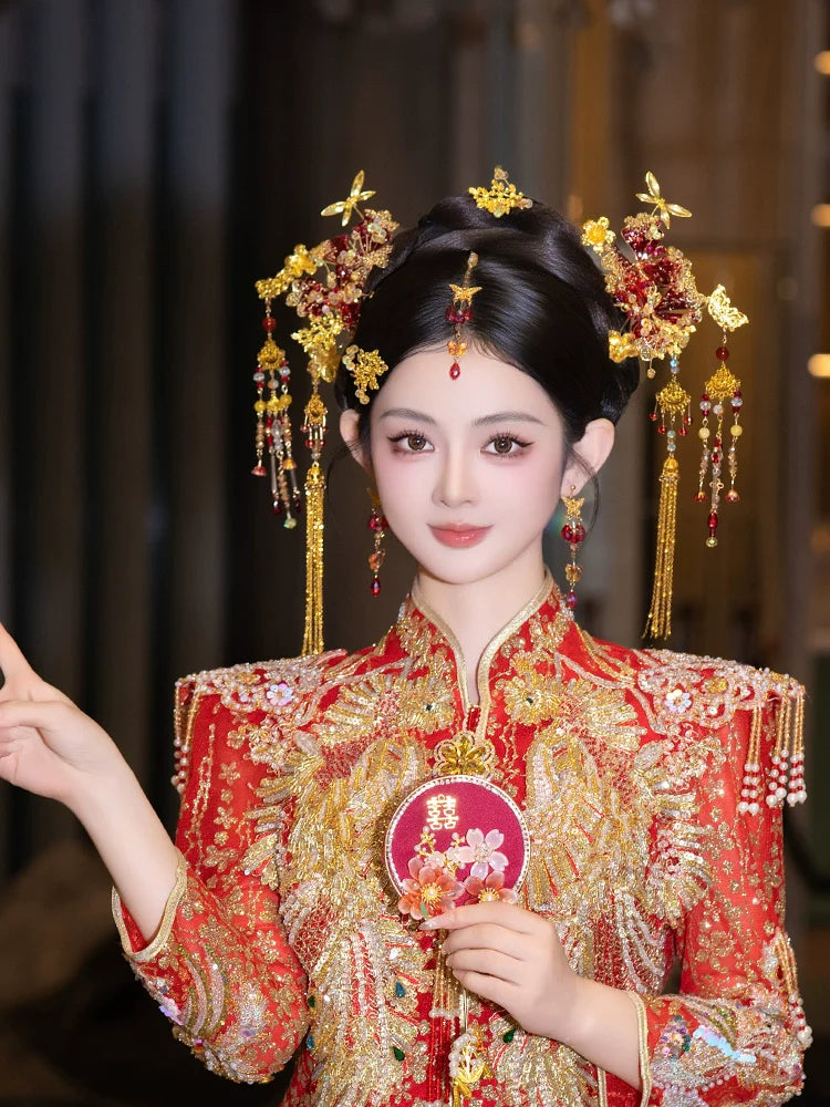 Eternal Veil - Golden Phoenix Bridal Hairpin with Forehead Pendant Chinese Wedding Headpiece