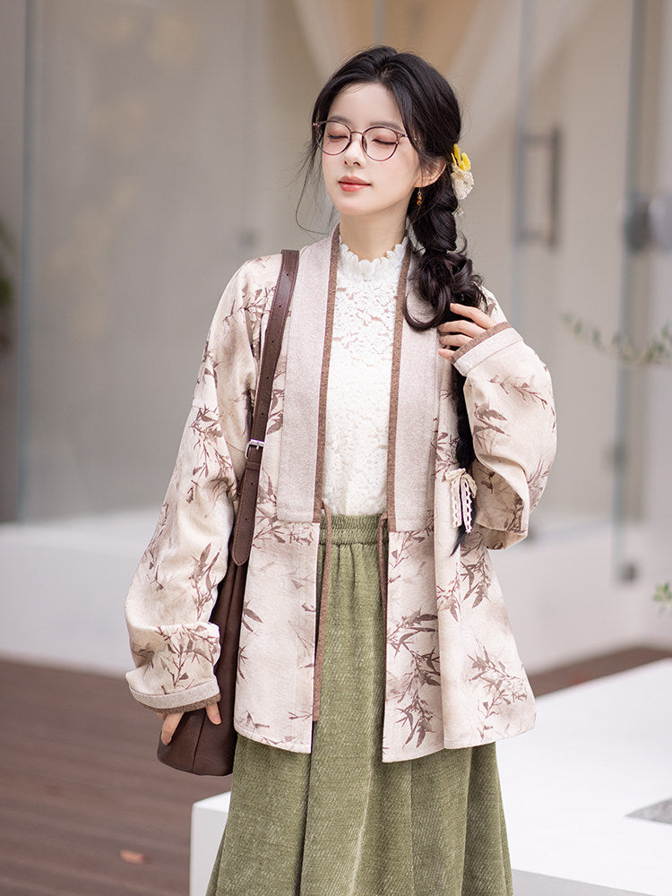 Ming Dynasty Modern Hanfu Winged Sleeve Top with Elastic Skirt - Oz Brown 绿野仙棕 (Preorder)