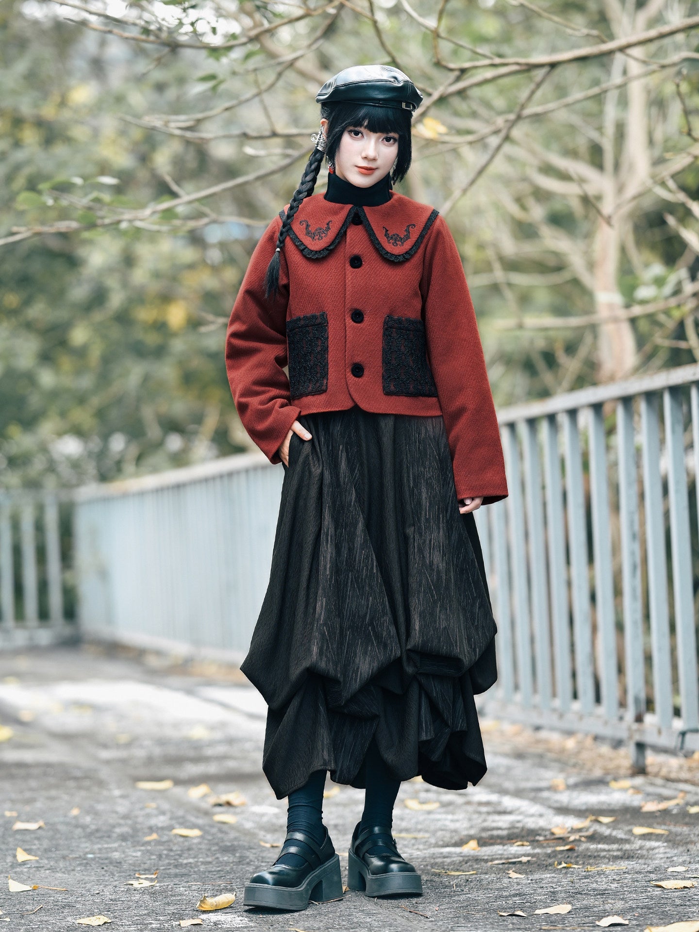 New Chinese Style Red and Black Doll Collar Short Jacket - Lucky Bat 福蝠