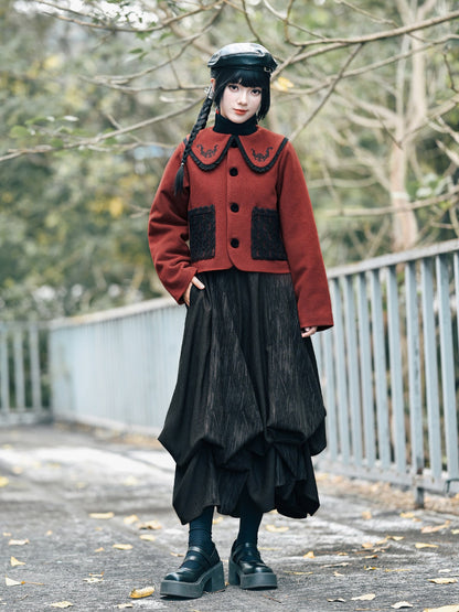 New Chinese Style Red and Black Doll Collar Short Jacket - Lucky Bat 福蝠
