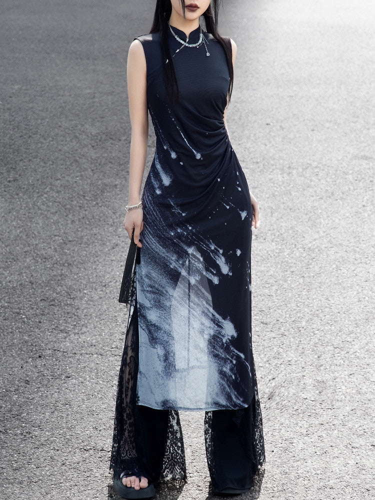 New Chinese Style Meteor Knitted Cheongsam Sleeveless Dress - Night Galaxy 暗夜星河 (Preorder)