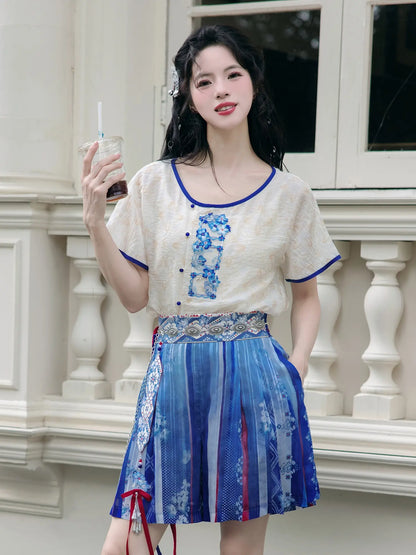 Tang Dynasty Modern Hanfu Skirt with Round Neck Top - Flying Underneath Moon 月下飞花