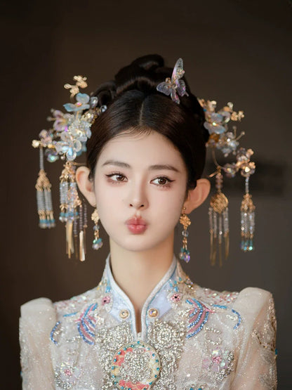 Frosted Orchid Glow - Blue Butterfly Bridal Hairpin Glass Flower Tassel Chinese Wedding Hair Accessories for Xiuhe Dress