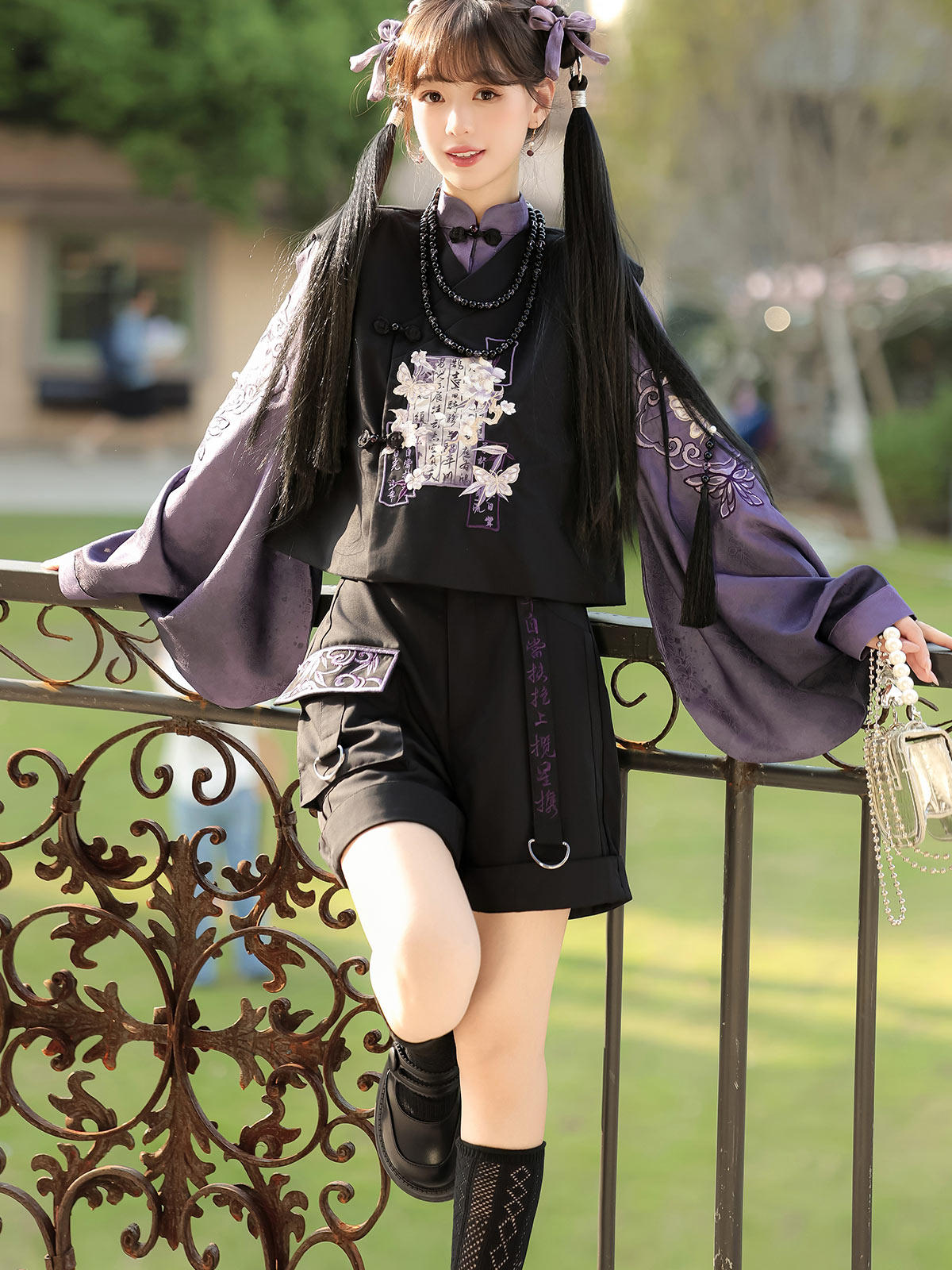 New Chinese Style Pipa Sleeve Top and Shorts - Yanmoyin 砚墨引