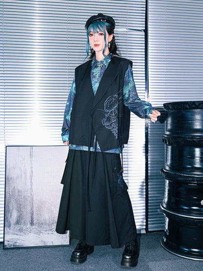 New Chinese Style Asymmetrical Layered Vest - Floating Electric Jellyfish 蓝界浮荧