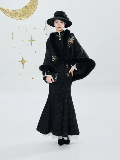 New Chinese Style Embroidered Cloak Qipao Mermaid Dress - Sun and Moon 日月同姝 (Preorder)