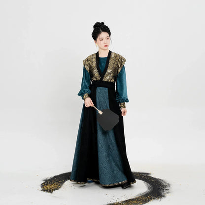 Tang Dynasty Modern Hanfu Set with Beizi Overlay & Flowing Eight-Panel Skirt - Song of Mulan 木兰颂 (Preorder)