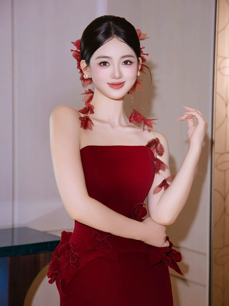Fire Blossom - Red Floral Bridal Hair Accessories New Chinese Style Long Hairpins for Wedding and Banquet Cheongsam Dress