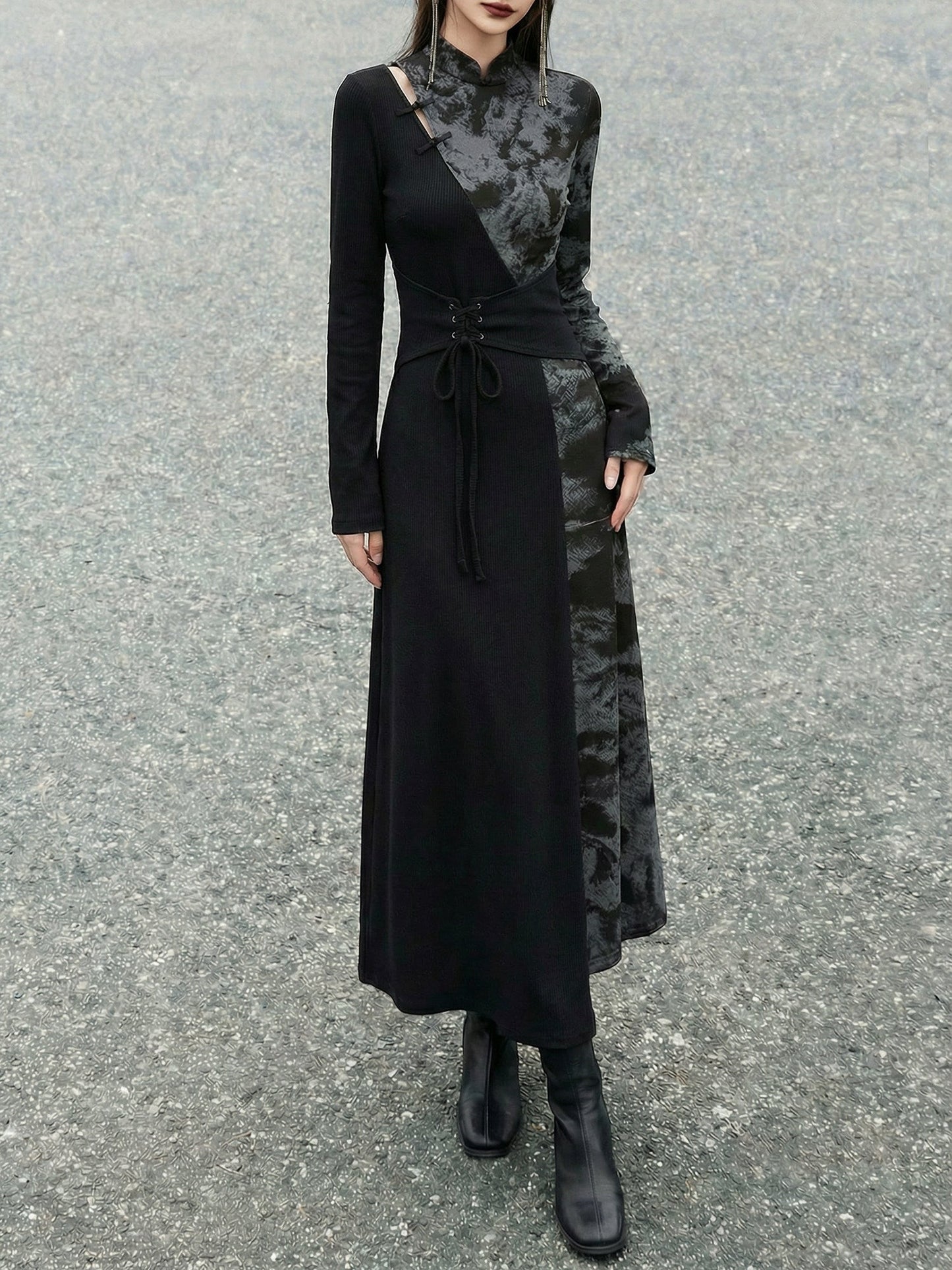 New Chinese Style Black Cotton Long Sleeve Dress (Preorder)