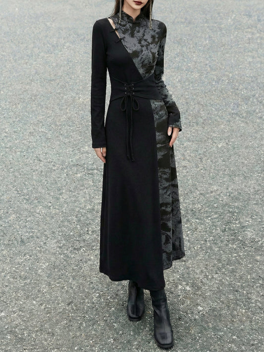 New Chinese Style Black Cotton Long Sleeve Dress (Preorder)