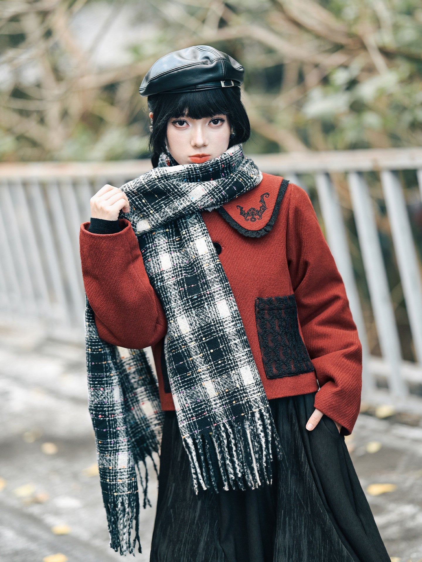 New Chinese Style Red and Black Doll Collar Short Jacket - Lucky Bat 福蝠