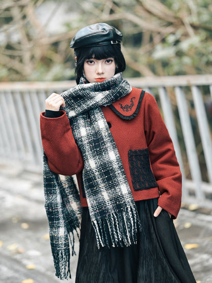 New Chinese Style Red and Black Doll Collar Short Jacket - Lucky Bat 福蝠