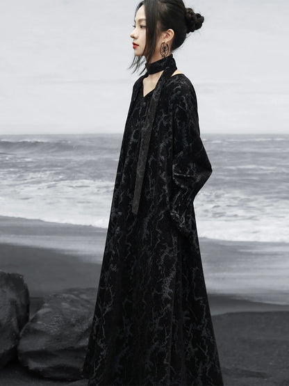 New Chinese Style Black Chenille Loose Long Dress