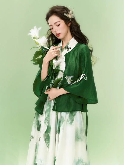 Modern Hanfu Embroidered Top & Dress Two-Piece Set 釉下春