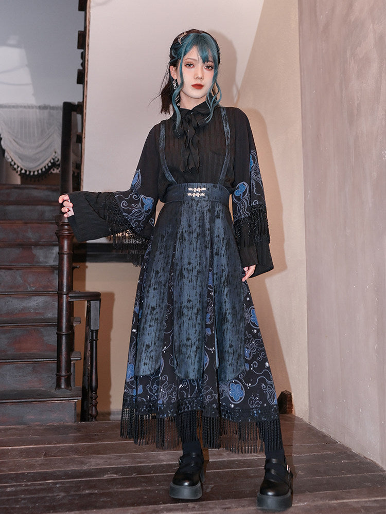New Chinese Style Multi Layered Strappy Skirt - Blue Tears 蓝眼泪