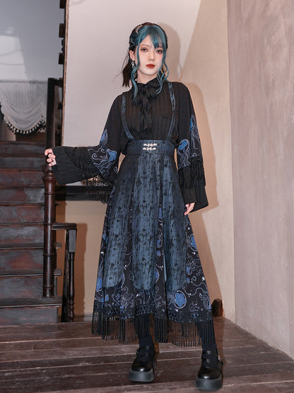 New Chinese Style Multi Layered Strappy Skirt - Blue Tears 蓝眼泪