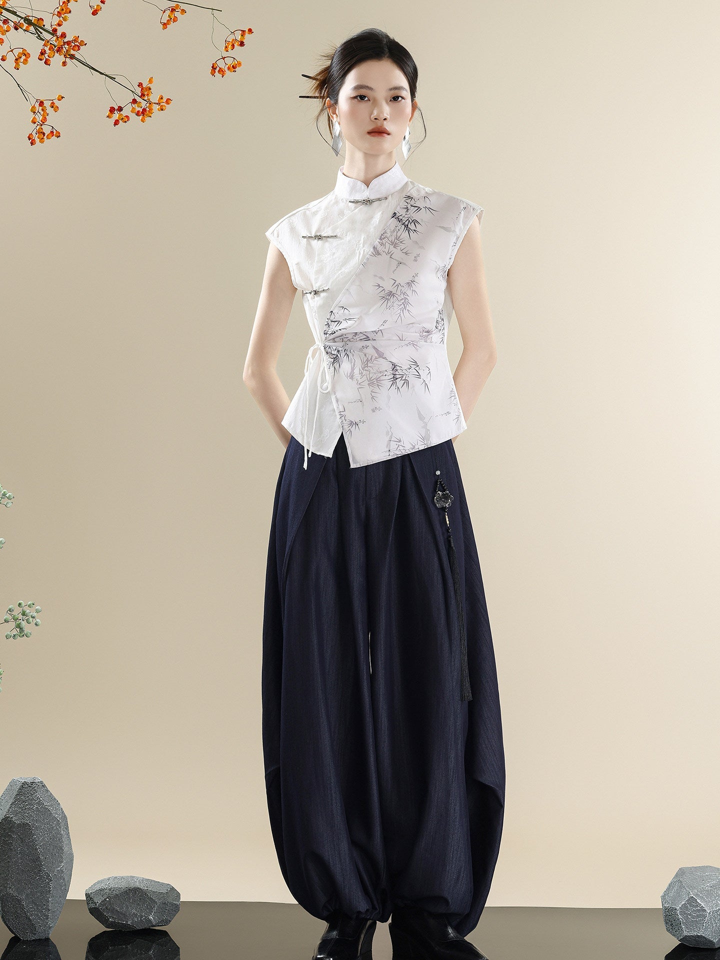 New Chinese Style Asymmetric Mandarin Collar Top & Denim Saber Pants Set
