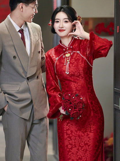 Chinese Wedding Engagement & Tea Ceremony Long Sleeve Cheongsam | Xili