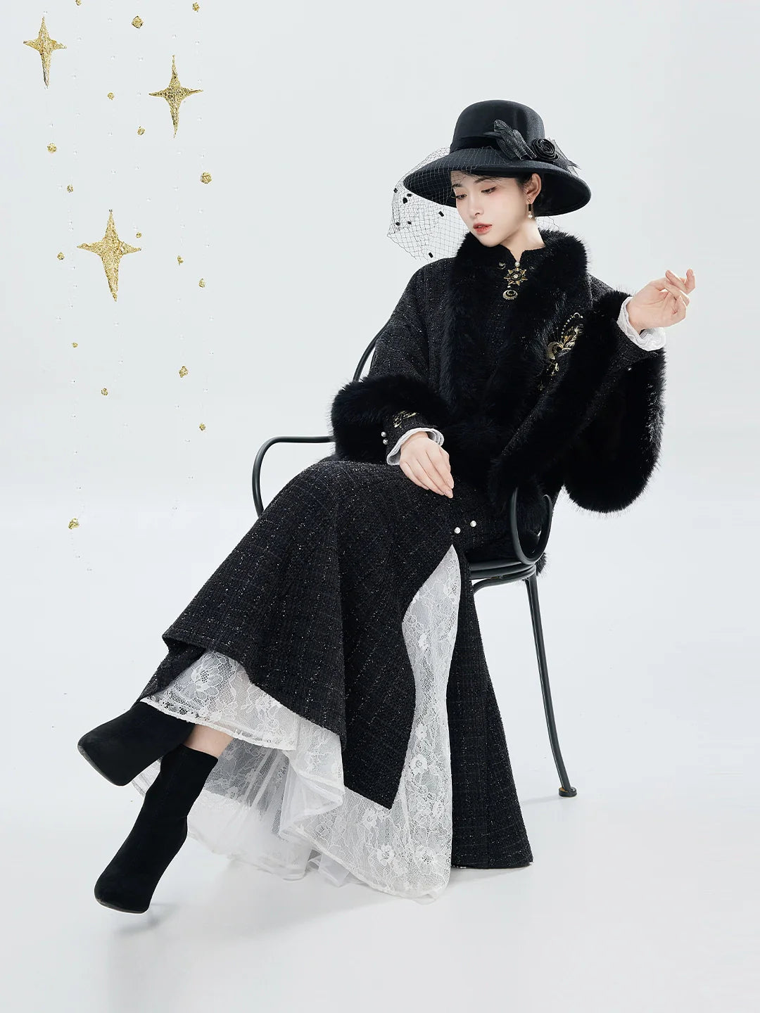 New Chinese Style Embroidered Cloak Qipao Mermaid Dress - Sun and Moon 日月同姝 (Preorder)