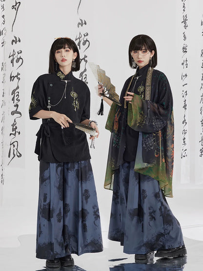 Fengming 凤鸣 - New Chinese Style Printed Shirt Wide Leg Pants