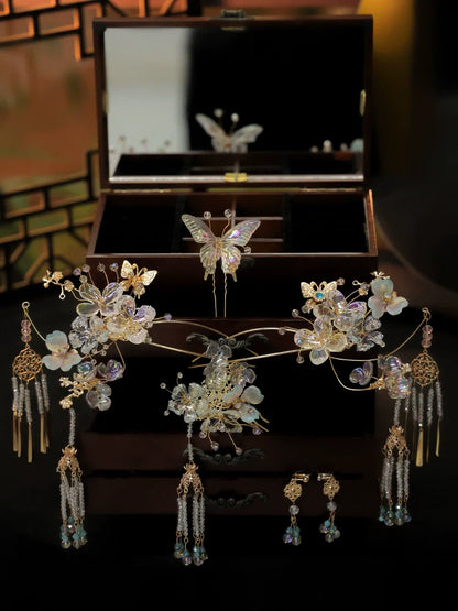 Frosted Orchid Glow - Blue Butterfly Bridal Hairpin Glass Flower Tassel Chinese Wedding Hair Accessories for Xiuhe Dress
