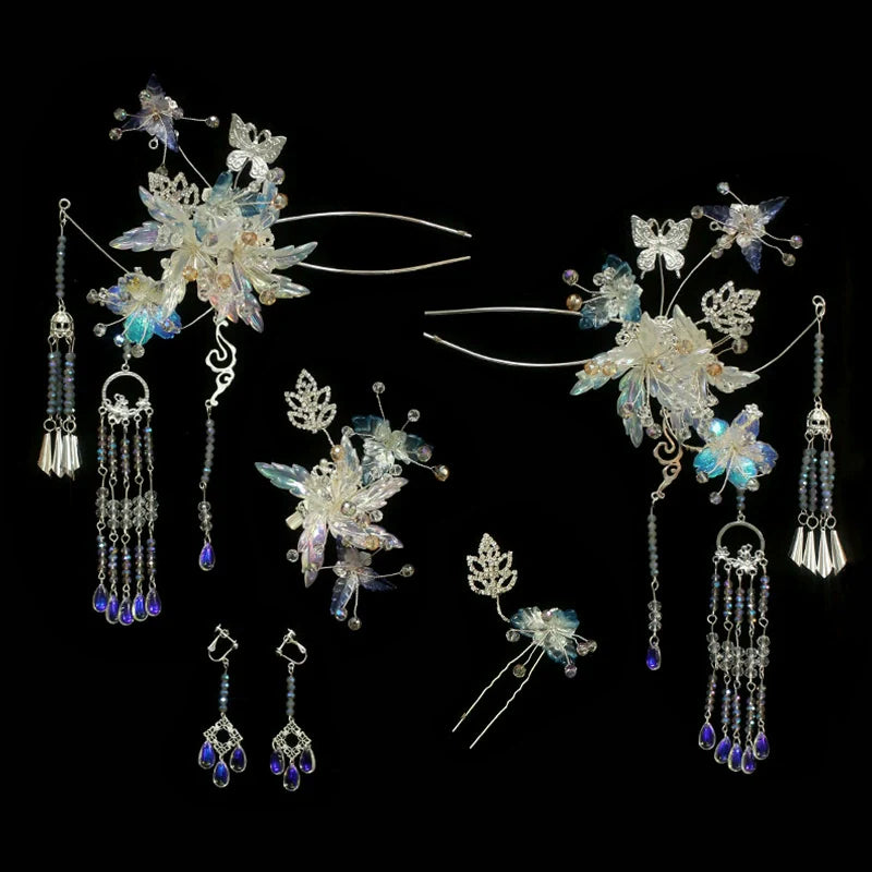 Winter Moonlit Blue Veil - Blue Floral Bridal Hairpin Ancient Style Hair Accessories for Hanfu and Wedding Dress