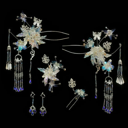 Winter Moonlit Blue Veil - Blue Floral Bridal Hairpin Ancient Style Hair Accessories for Hanfu and Wedding Dress