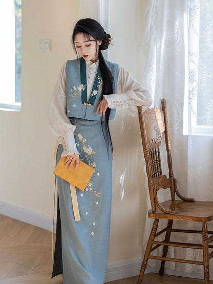 New Chinese Style Long Sleeve Shirt with Spiral Skirt and Embroidered Vest - Pear Blossoms 梨花曲 (Preorder)
