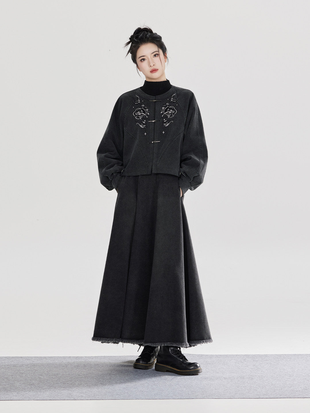 Yan Gui | New Chinese Style Retro Washed Denim Jacket and Skirt Set