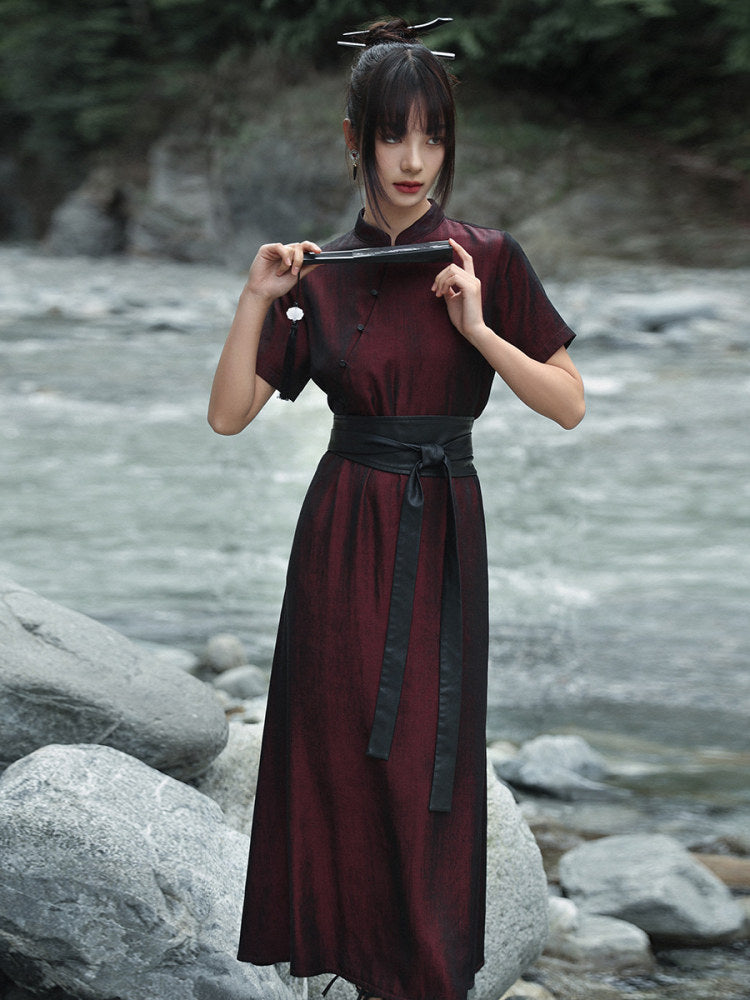 New Chinese Style Burgundy Cheongsam Dress - Chilan 赤阑