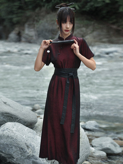 New Chinese Style Burgundy Cheongsam Dress - Chilan 赤阑