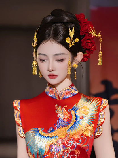 Phoenix Bloom - Chinese Bridal Hair Accessories Set Luxury Gold Dragon Phoenix Tassel Hairpins for Xiuhe and Qun Kwa Wedding Dress