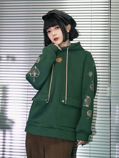New Chinese Style Printed Hooded Fleece Sweatshirt - Reincarnation 轮回