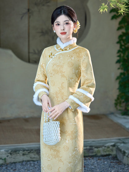 Long Sleeve Fur Trim Antique Gold Floral Qipao | Regal