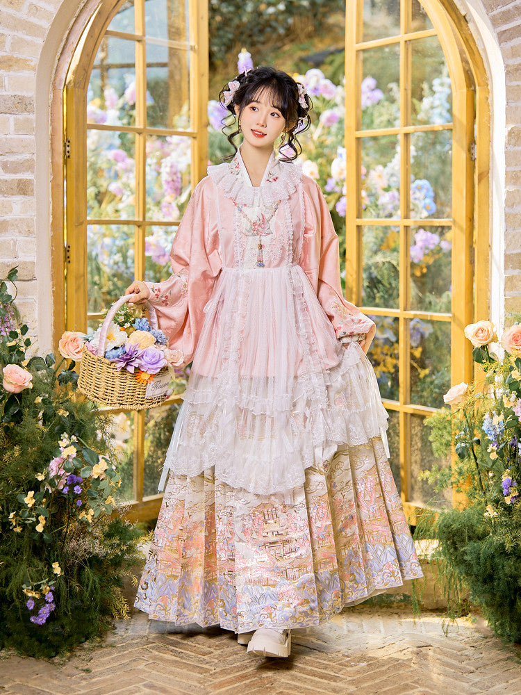 Ming Dynasty Sweet Pink Embroidered Pipa Sleeve Top & White Woven Mamianqun | Swallow Pavilion 燕云亭