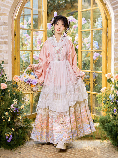 Ming Dynasty Sweet Pink Embroidered Pipa Sleeve Top & White Woven Mamianqun | Swallow Pavilion 燕云亭