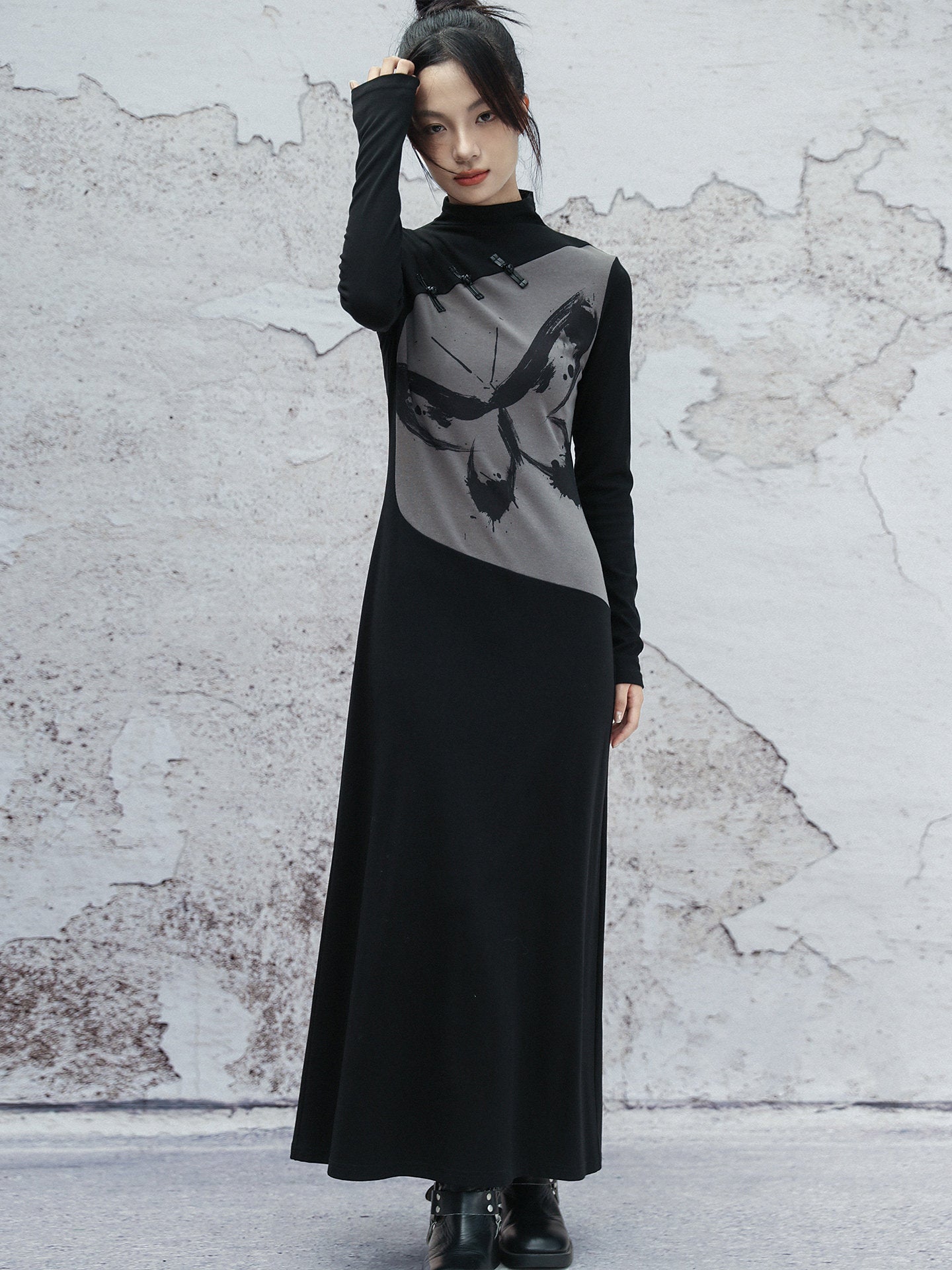 New Chinese Style Retro Ink Butterfly Print Long Sleeve Dress