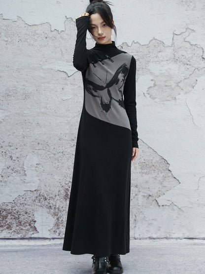 New Chinese Style Retro Ink Butterfly Print Long Sleeve Dress