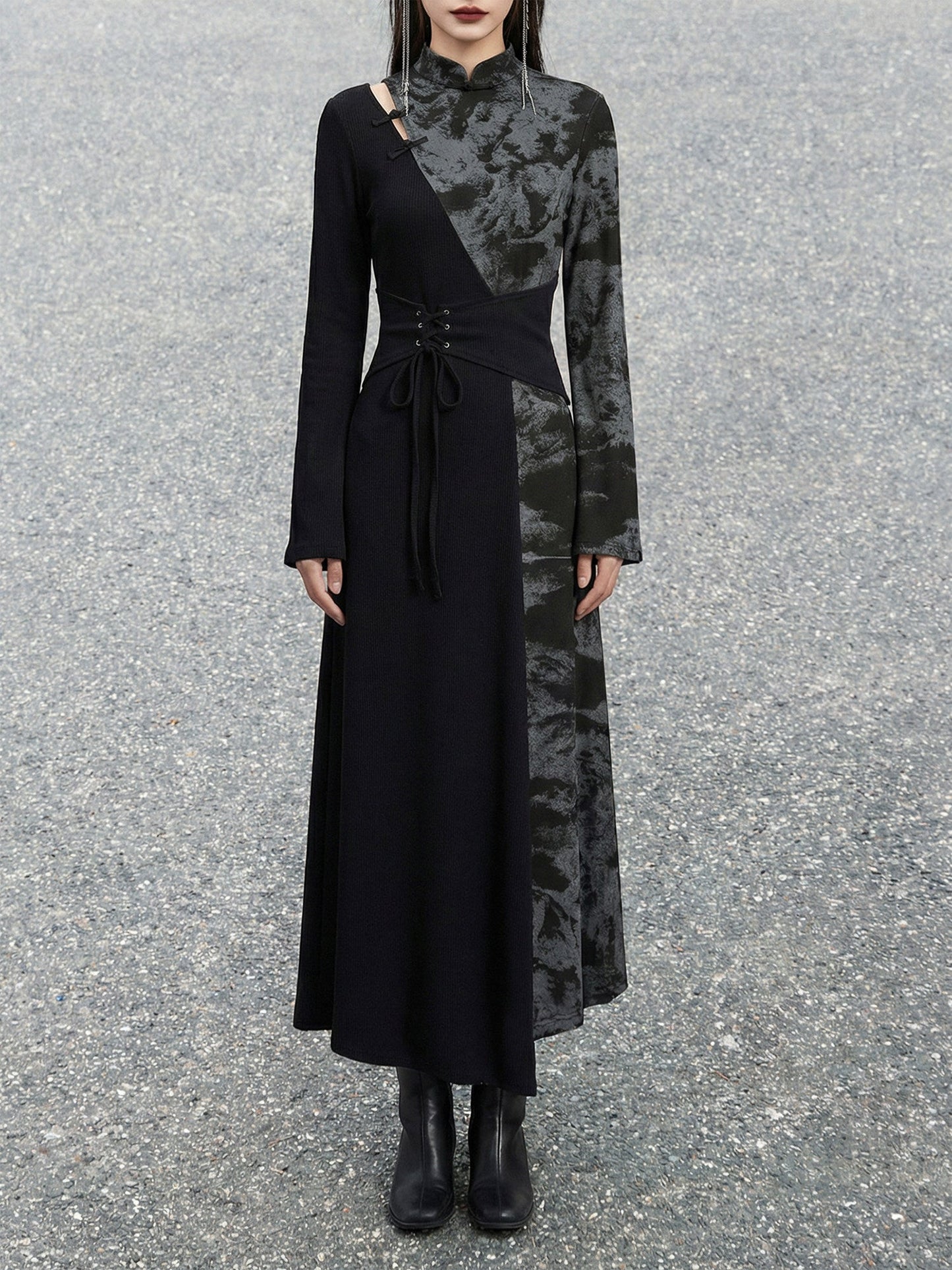 New Chinese Style Black Cotton Long Sleeve Dress (Preorder)