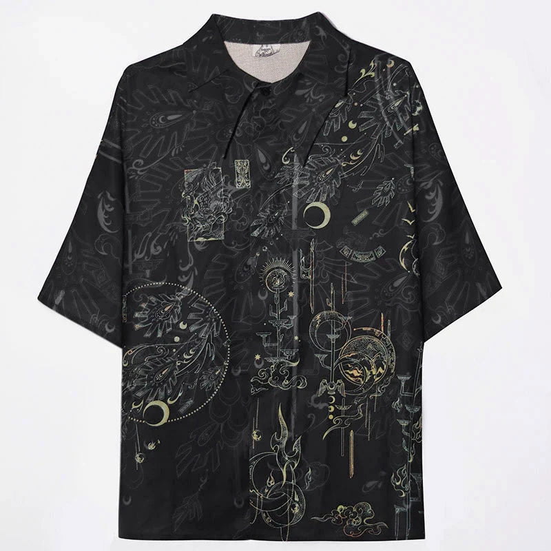 Bronze 青铜 - New Chinese Style Printed Shirt Wide Leg Pants Outfit