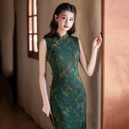 Sleeveless Butterflies Printed Midi Cheongsam | Mystic