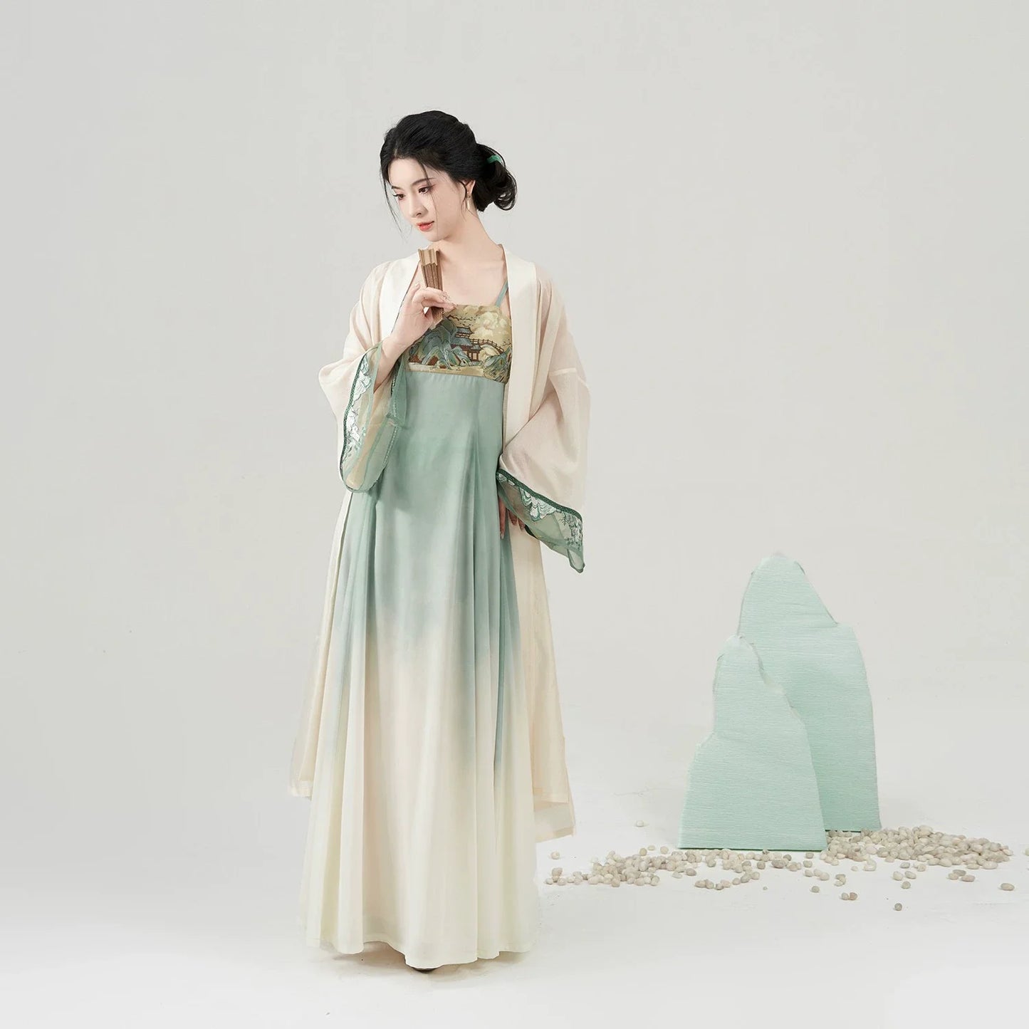 Modern Tang Dynasty Hanfu Slip Dress Set - Tranquil Mountain Path 青山行 (Preorder)