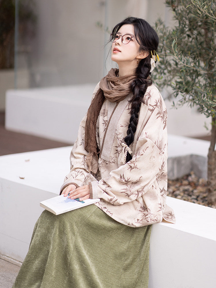 Ming Dynasty Modern Hanfu Winged Sleeve Top with Elastic Skirt - Oz Brown 绿野仙棕 (Preorder)