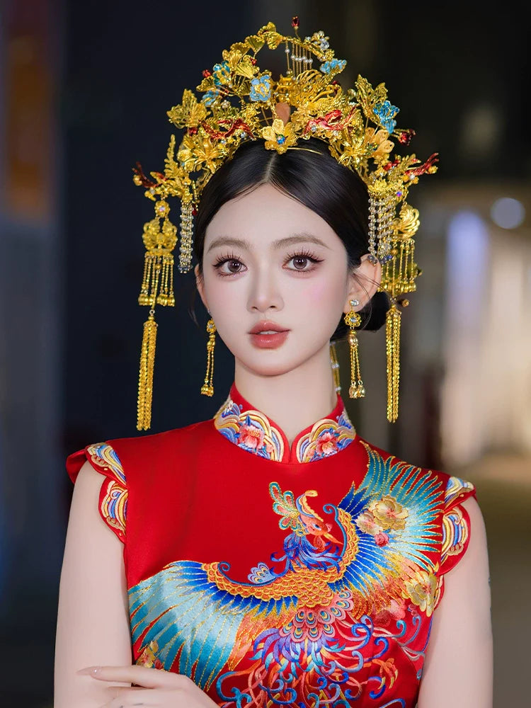 Red Phoenix - Luxury Crown Bridal Headpiece Red and Blue Gem Accent with Gold Tassels for Chinese Wedding Qipao