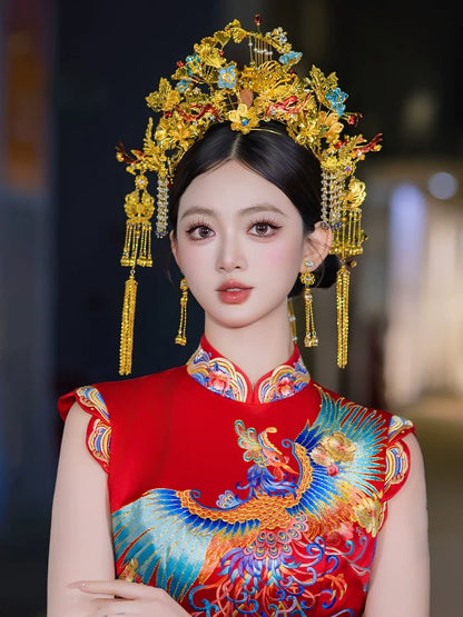 Red Phoenix - Luxury Crown Bridal Headpiece Red and Blue Gem Accent with Gold Tassels for Chinese Wedding Qipao