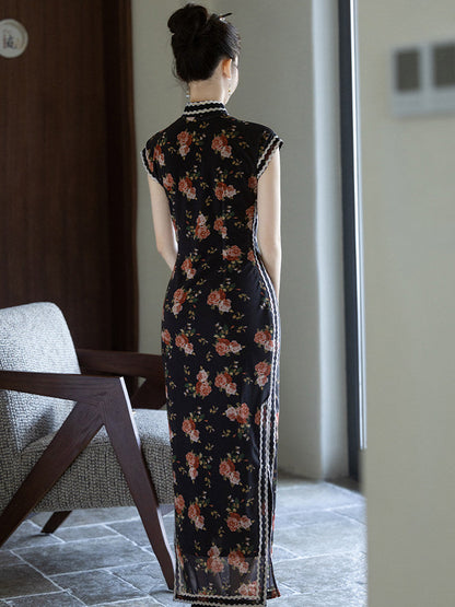 Short Sleeve Floral Long Cheongsam | Yingshan
